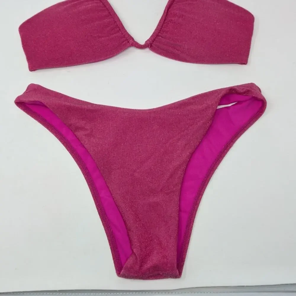 Monday Swimwear Pink Metallic Shimmer Bikini Set Small High Cut Halter
